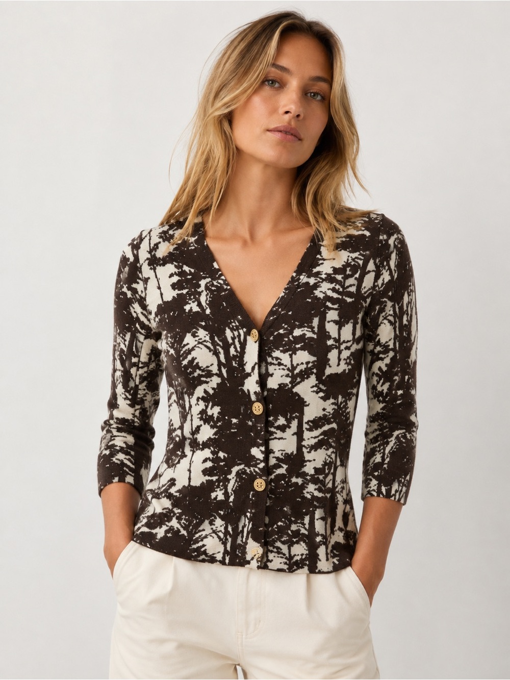 Tory Burch Merino Wool Cardigan Sweater Brown Cream Size Small 156